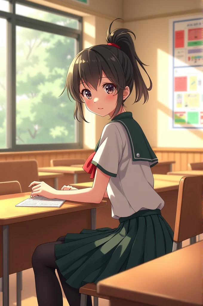 front　sit　Japanese　Pleated skirt　　ponytail