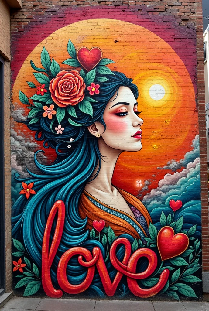 I want you to make a graffiti image with a love theme.、Add Amaterasu too'There is a name written.