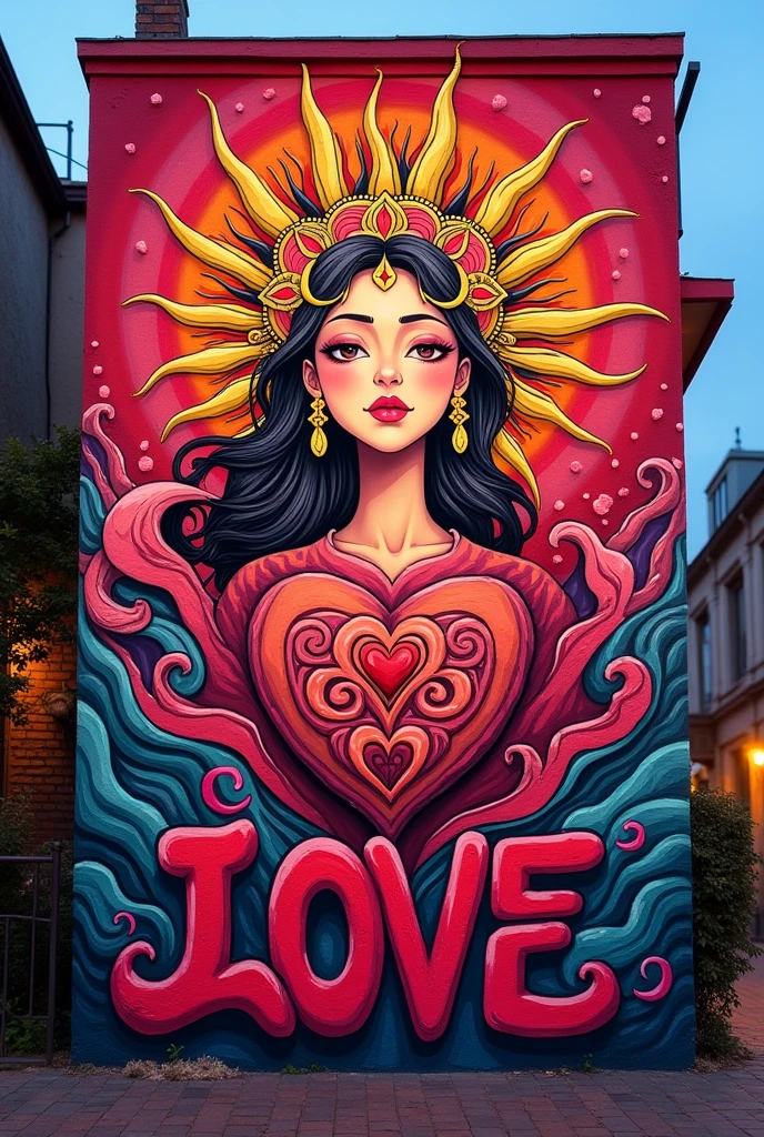 I want you to make a graffiti image with a love theme.、Add Amaterasu too'There is a name written.