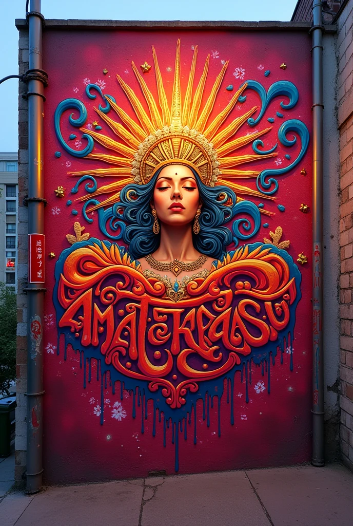I want you to make a graffiti image with a love theme.、Add Amaterasu too'There is a name written.