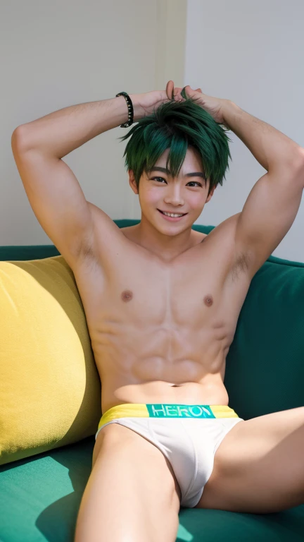 Japanese men、、Well-developed muscles and smooth skin、Fluffy, voluminous, bright green hair、Yellow Boxer Briefs、See your whole body from head to toe、Smiling friendly and warmly、Hero Academy、Posing on a sofa set