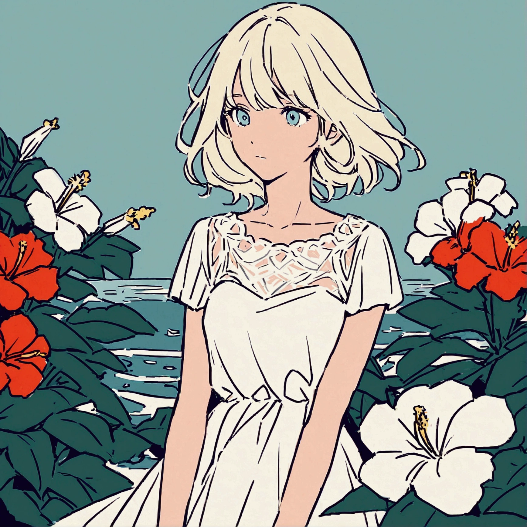 A woman in a white dress, flowers, flat color, chic, soft atmosphere, soft light, plants, simple and beautiful color scheme, hibiscus, sea