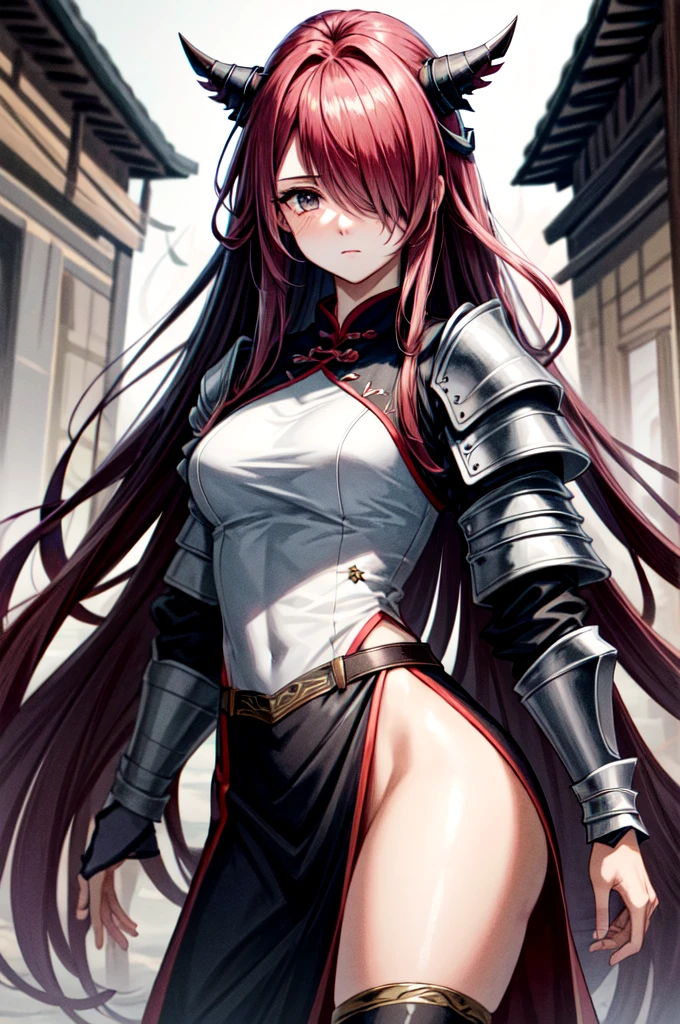 Armored1People Women, Wearing light armor, Black Hanfu, Tight waist, Straight Hair, hair over one eye, sad, absurdly long hair, pink hair1.2, empty eyes, An old Chinese castle in the background, anime, cinematic lighting, cowboy shot, UHD, retina, masterpiece, accurate, anatomically correct, textured skin, super detail, high details, high quality, award winning, best quality, highres