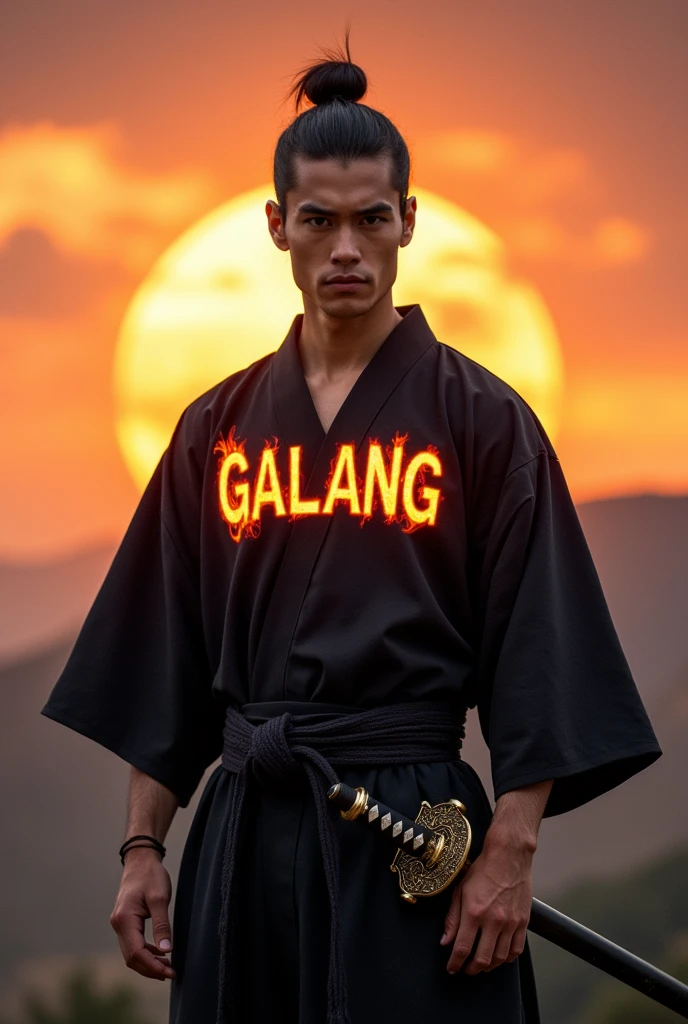 Handsome man wearing a samurai sword with the name GALANG written on his shirt with a fire effect