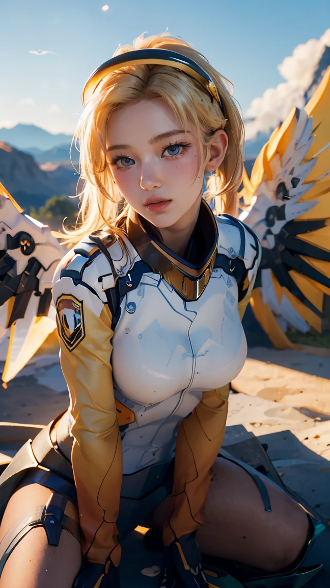 1girl, solo, mercy (overwatch), mechanical halo, breasts, blue eyes, blonde hair, pantyhose, mechanical wings, wings, halo, holding, bodysuit, yellow wings, brown pantyhose, lips, gloves, pelvic curtain, black gloves, big breast, full body, blue sky, green field with mountains, (realism:1.2), (masterpiece:1.2), (best quality), (ultra detailed), (8k, intricate), (85mm), light particles, lighting, (highly detailed:1.2), (detailed face:1.5), (gradients), sfw, colorful, (detailed eyes:1.2), (detailed background), (rule of third_composition:1.3), (Line of action:1.2), wide shot, daytlight, solo.
