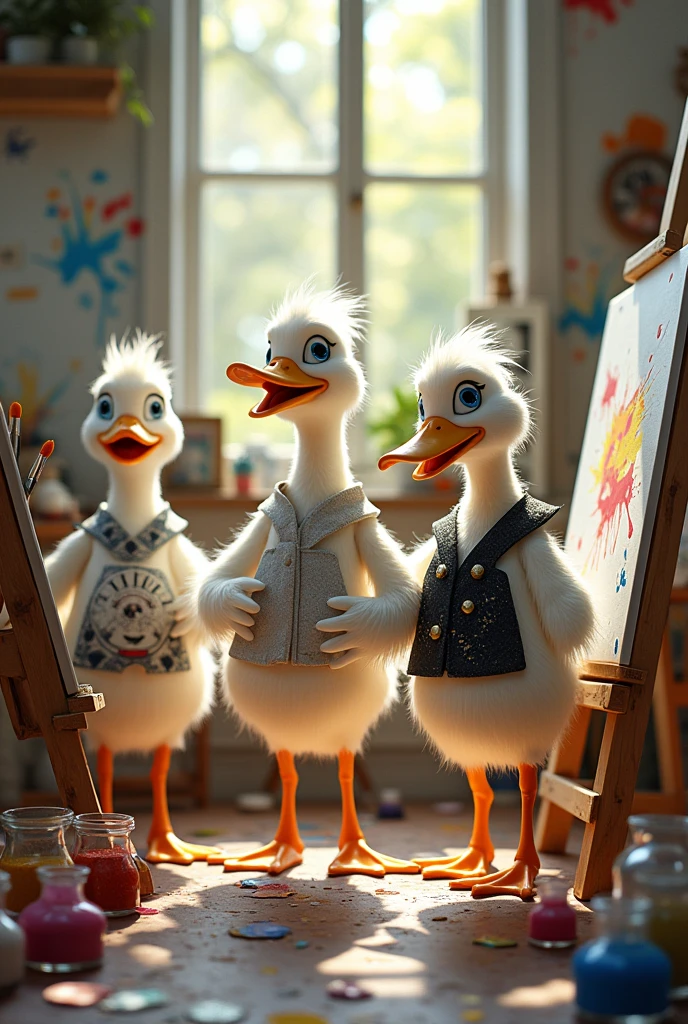 Human ducks wearing white and black drawing smocks