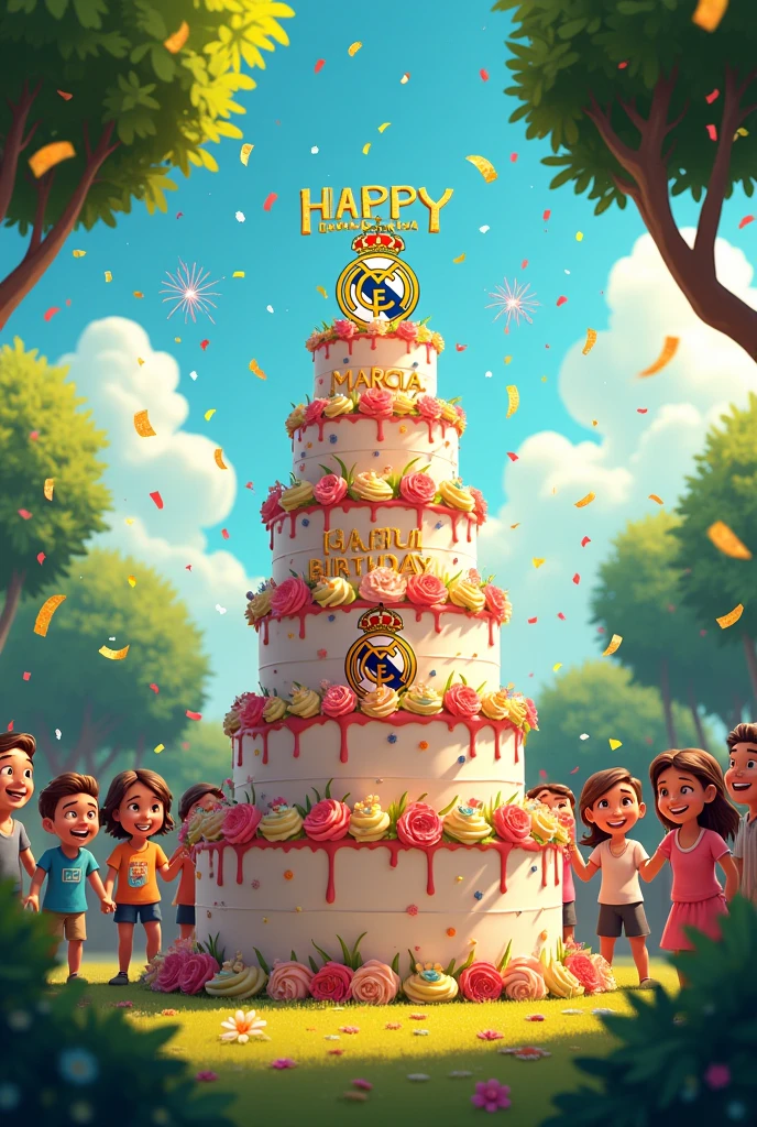 "An abstract animation of a birthday cake with the colors and the Real Madrid crest as the main decoration. No topo do bolo, in golden letters, 'Happy Birthday Marcia'. The cake is in the center of a garden , with friends around Márcia who is the birthday girl, Golden confetti falls from the sky and there are fireworks exploding in the background. style cartoon, vibrant colors and fluid animation."