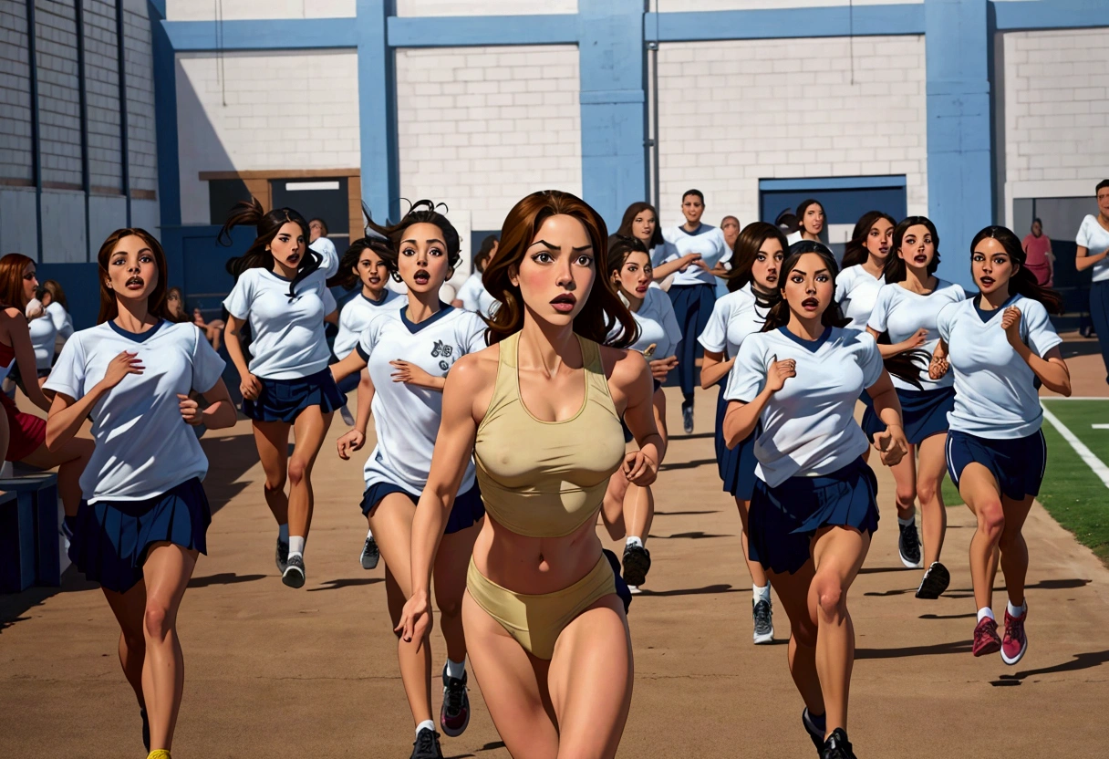 There are many girls running in a race without shirts.., running towards the camera, of a schoolgirl posing, latinas, running towards the camera, femenine body, Carla Ortiz, in the high school gym, soft in the background, stunning beautiful, running fast towards the camera, latina, inspired by Vanessa Beecroft, high school