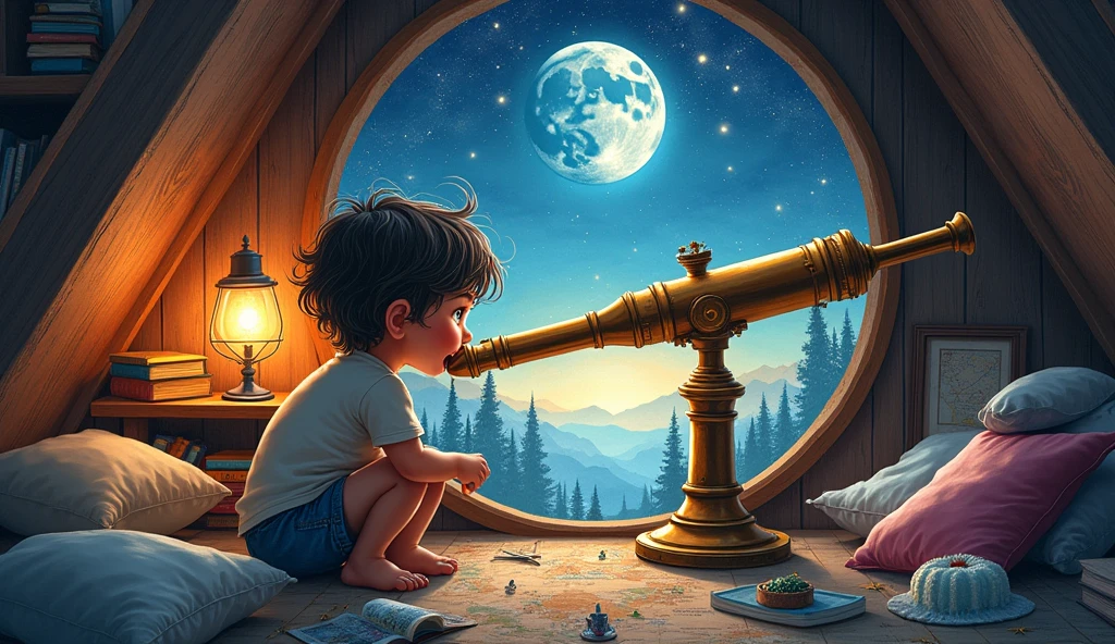 un telescope par la lunette du telescope dans lequelle on voit la lune et on observe un autre monde que la personne imagine sur la lune grace a l'inventivité de son esprit d'enfant