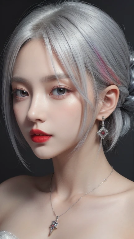 very cool,One person,jewelry,Multicolored Hair,Silver Hair,Gray Hair,alone,necklace,short hair,whole body,Earrings,Red lips,avert your eyes,Exposing shoulders,Look to the side,compensate,lipstick,, Highest quality , masterpiece, figure, Very delicate and beautiful, Very detailed ,CG,Unity,8k wallpaper, wonderful, In detail, masterpiece, Highest quality,Official Art,Very detailed CG Unity 8k wallpaper,Absurd, incredibly Absurd, Large file size , Very detailed, High resolution, Very detailed,Beautiful detailed, Very detailed eyes and face, Beautiful double eyelids,Beautiful attention to detail,Light on the face,