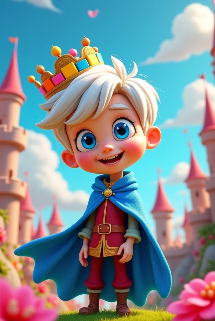 a toon king, a smiling man with white hair and blue eyes, wearing a blue cape and a crown in the shape of building blocks. 