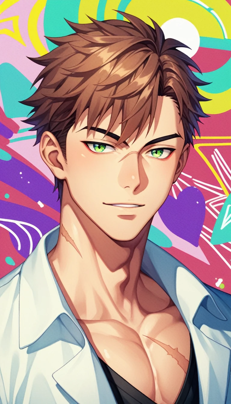 Anime Style, Yakuza, Japan Mafia, Scars on the face, male, Reddish brown hair, Green Eyes, Sharp Eyes, Short Hair, Calm. wise, Neon purple graffiti background, Utopian City, Surrealism, Expressionism, Anime Style, Cast a Shadow, Film Grain, Vignetting, silhouette, 1080P, Anatomically correct