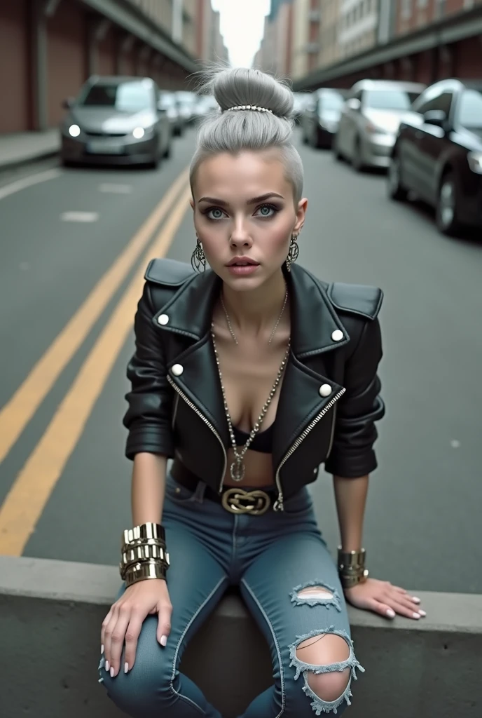 russian old milf woman, grey hair (huge top bun with shaved sides) and sunglasses as headband (big maxi glasses), with very light blue eyes, extremely pale. Wearing cropped black moto jacket with padded shoulders, some side pockets with zippers, black bra, skinny dark blue jeans (worn look with ragged knees) with white thread seams and pointy Chelsea boots with cuban heels . Lots of metallic bracelets and collars. Lots of pendants. Tacky leather belt with oversized buckle. Long earrings. Leaning on a wall looking at the camera, eyes and mouth wide open in amazement. Hands in her pockets. toned abdominals, thin legs and thin arms. tattoed