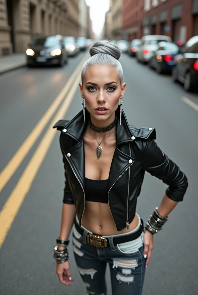 russian old milf woman, grey hair (huge top bun with shaved sides) and sunglasses as headband (big maxi glasses), with very light blue eyes, extremely pale. Wearing cropped black moto jacket with padded shoulders, some side pockets with zippers,  black bra, skinny dark blue jeans (worn look with ragged knees) with white thread seams and pointy Chelsea boots with cuban heels . Lots of metallic bracelets and collars. Lots of pendants. Tacky leather belt with oversized buckle. Long earrings. Leaning on a wall looking at the camera, eyes and mouth wide open in amazement. Hands in her pockets. toned abdominals, thin legs and thin arms. tattoed