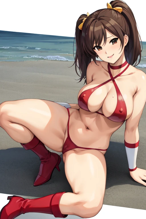 masterpiece, best quality, beautiful art, high resolution, well formed hands, body and fingers, 1 woman, solo, Haruhi Suzumiya, 31 years old, full body picture, grown up, adult, large and big breasted, cleavage, hair ornament, wearing a Tyris Flare outfit , white_bikini, full body, sexy and skimpy bikini, gorgeous hips, legs and thighs bouncing breasts, red boots, dancing seductively and erotically, twirling around, bikini thong, shaking her body alluringly, smiling joyfully, looking at the viewer, sweating , flirting, beach environment