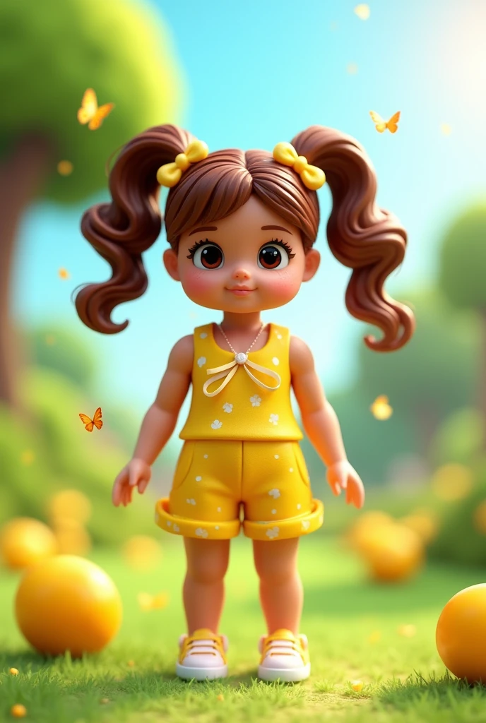 A Roblox doll with brown hair wearing yellow clothes with lemon decorations 

