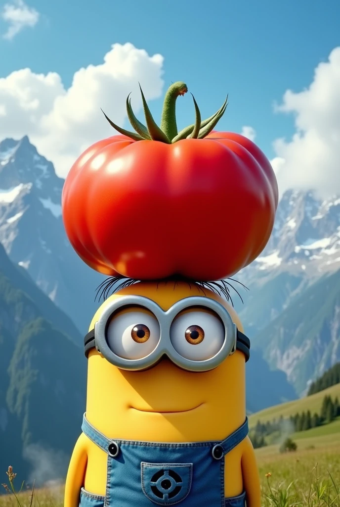 A huge intense red tomato on top of minions head on alps mountains