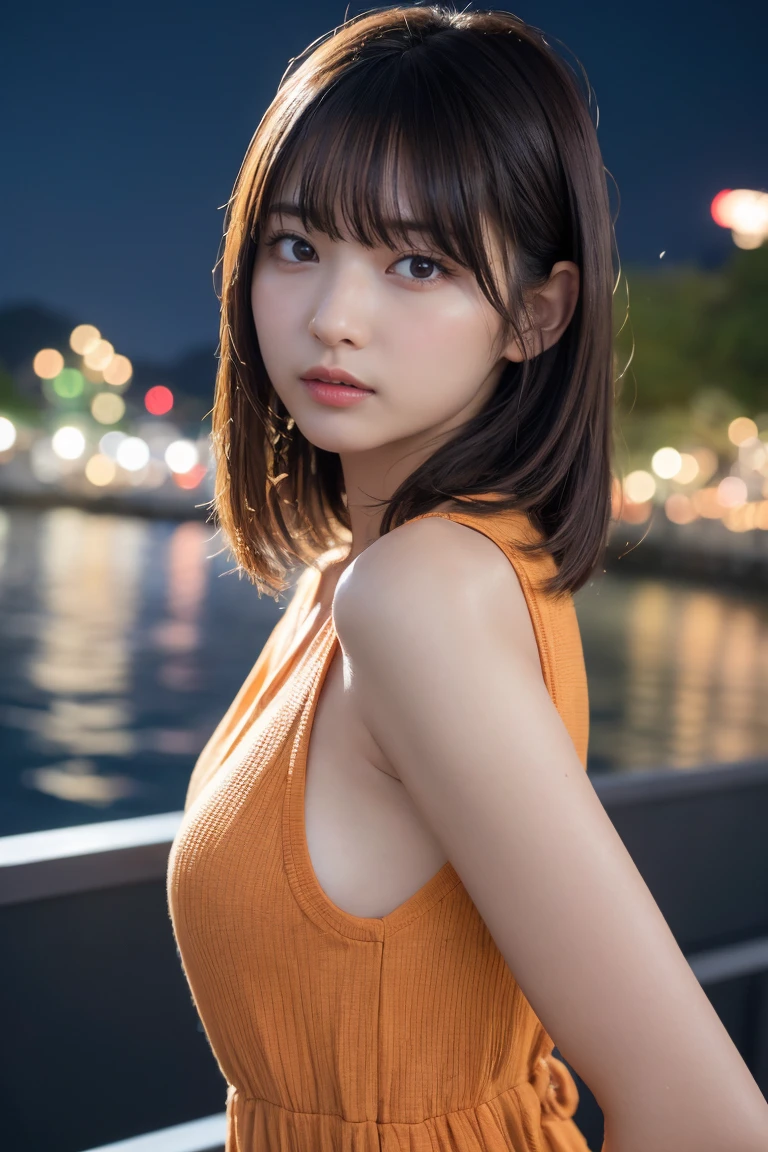 masterpiece、1 beautiful girl、Detailed eyes、Puffy eyes、Highest quality, 超High resolution, (Reality: 1.4), Cinema Lighting、Japanese、Asian Beauty、Korean、Super Beauty、Beautiful Skin、Slender、Body facing forward、(Surreal)、(High resolution)、(8k)、(Very detailed)、(Beautiful and detailed eyes)、(Ultra-detailed)、 (wallpaper)、Detailed face、Bright lighting、Professional Lighting、View your viewers、Look straight ahead、The outfit is a clean light orange shirt and dress.....、46 point diagonal bangs、Night Scenery、Brown Hair、Nogizaka Idol、Korean Idol、Gravure idol pose、、Age 25、expensive,