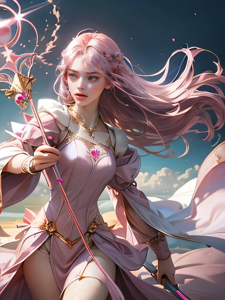 "Create an ultra-realistic image of a stunning 18-year-old girl holding an (((air magical staff )))that exudes the energy of the wind and sky. She should be dressed in a sophisticated, dark ((((((( pink))))))) shaded outfit that contrasts beautifully with her airy element. Depict her surrounded by clouds to highlight her command over this element. Include a distinct air symbol on her body, signifying her role as the keeper of air and illustrating the powerful, ethereal energy of air she holds within her."