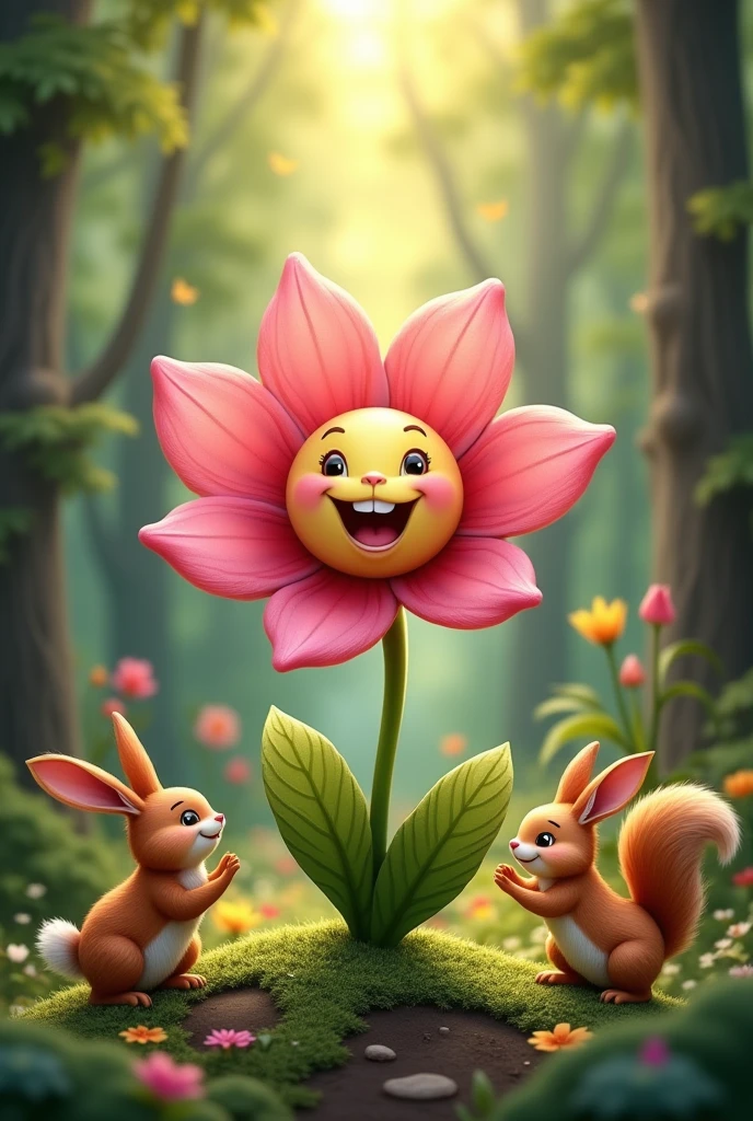 An illustration of a flower with pink petals,with a happy face,in the middle of a forest with animals around