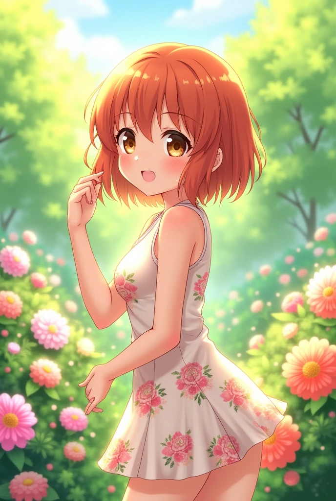 小谷 沙羅(kotani sara) Hairstyle:short bright chestnut hair、 Eye color:brown height:162cm clothing:Cute one-piece dress、Likes floral items
