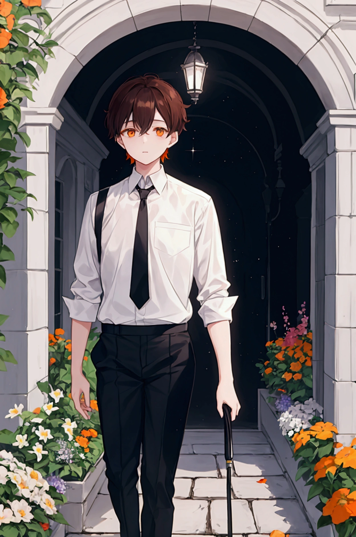 A boy In a white collared shirt and black trousers , brown hair and orange eyes, Taking a stroll in the mansion's flower garden.