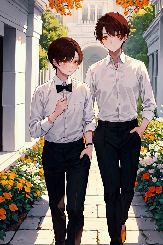 A boy In a white collared shirt and black trousers , brown hair and orange eyes, Taking a stroll in the mansion's flower garden.