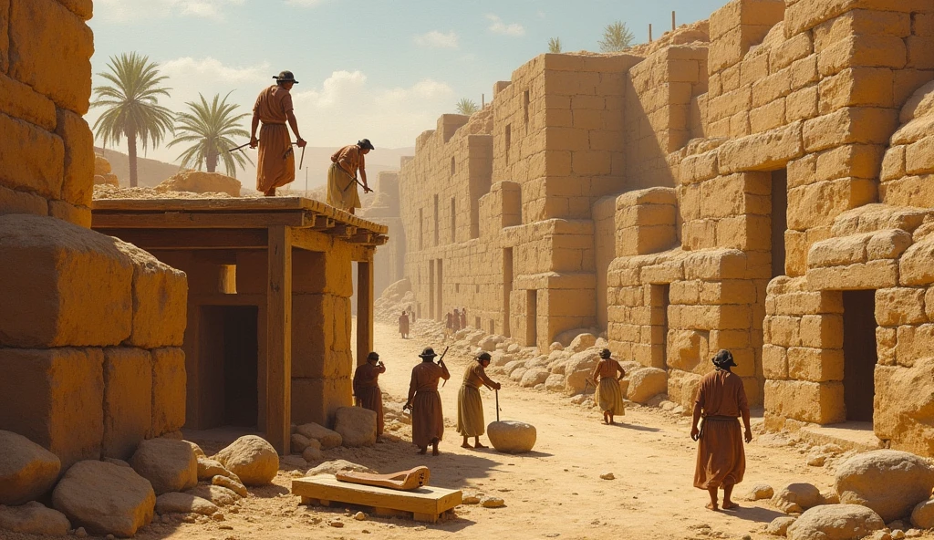 oil painting, quarry workers on a wooden scaffold, chipping stone, ancient Mesopotamia, plano general
