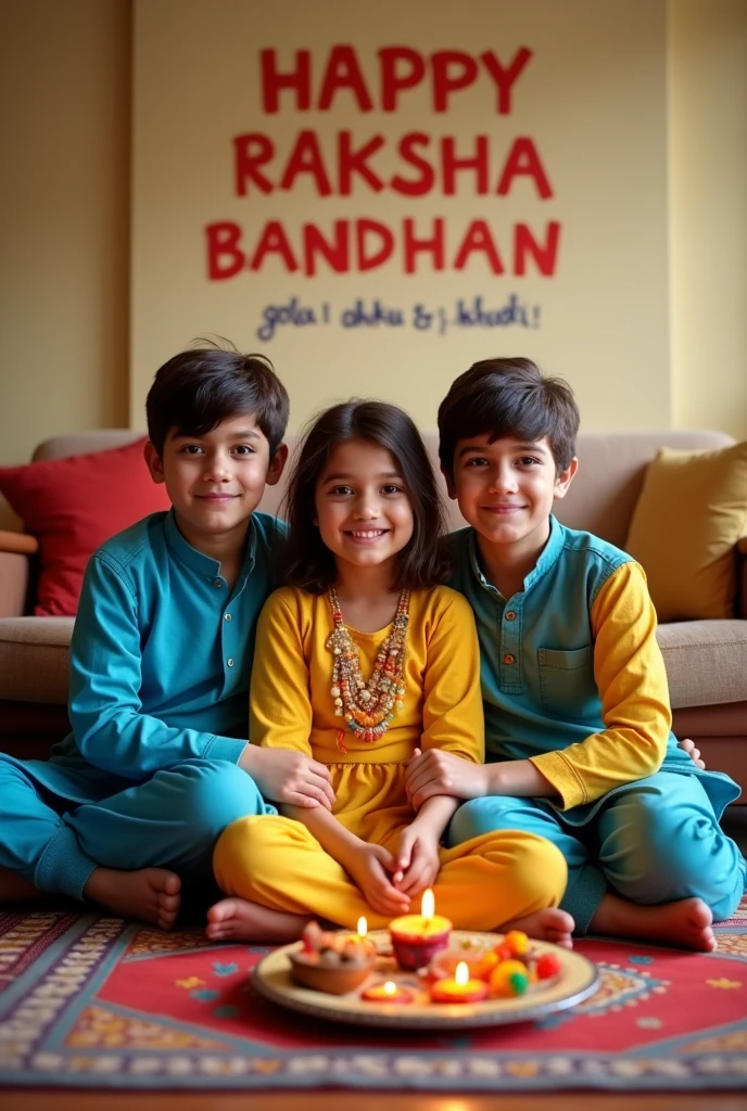 2 Brothers 1 Sister Rakhi Prompt 👇 👇
Two young boys, ages 16 and 18 are celebrating Raksha Bandhan with their sister. The girl wear matching blue salwar kameez outfits, while the boys is in a yellow kurta. They're sitting cross-legged on a patterned rug in their living room. A plate with rakhis, sweets, and a small diya lamp is in front of them. On the wall behind them, "HAPPY RAKSHA BANDHAN" is painted in bold letters, with "golu , akku &khushi " written underneath. 4k image, warm indoor.