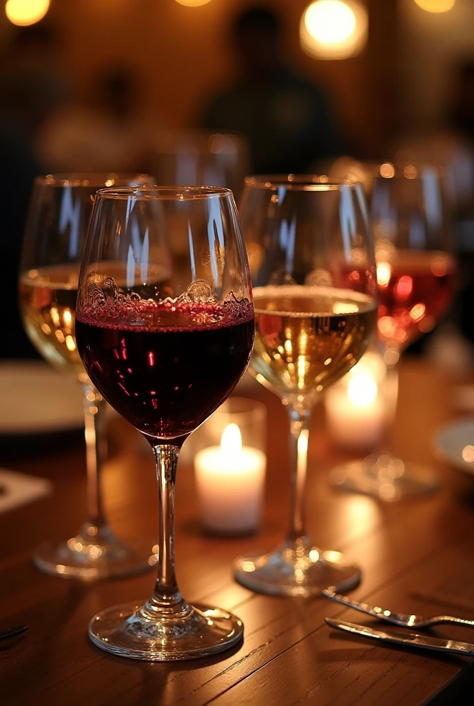 red wine,white and pink in their respective glasses 