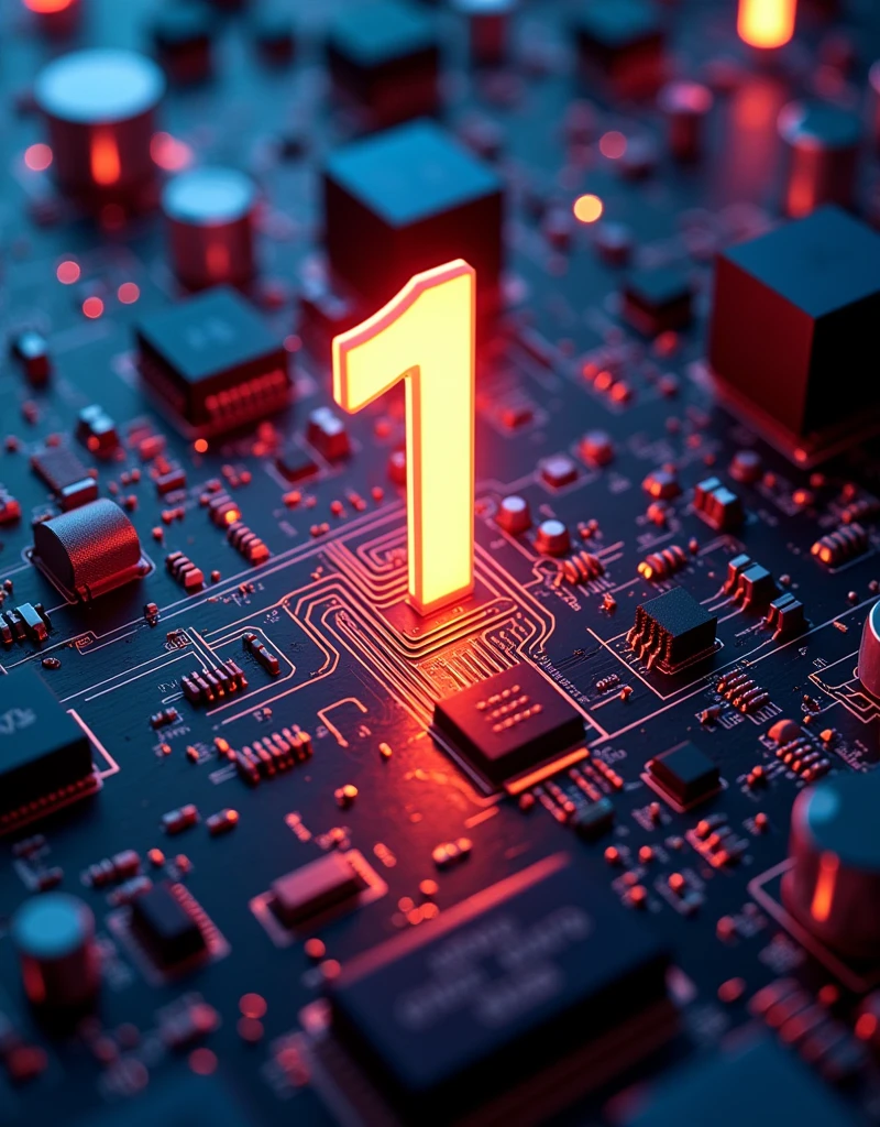 make a realistic looking 3D electronics circuit poster, in the middle of the circuit component write 1 in bigger glowy font 