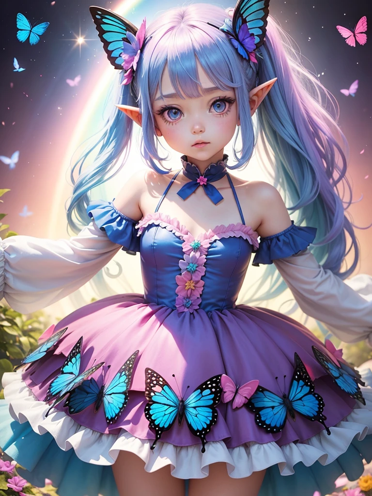 cute  Fairy, blue butterfly, Rainbow hair, pink eyes,  dress pointy ears dress made of petals leaves sparkling sun leaves Rainbow dress