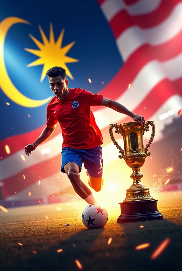 A dynamic poster for the ‘Futsal Piala Merdeka 2024’ event. The background features the Malaysian flag, Jalur Gemilang, with its iconic colors and patterns prominently displayed. The theme is centered around ‘Merdeka’, with elements of independence and national pride. A player actively playing futsal is depicted in the foreground, showcasing their energy and passion for the game. The ‘Piala Merdeka’, a trophy symbolizing victory, is also prominently featured, gleaming with prestige. The overall color scheme incorporates the colors of the Malaysian flag—red, white, blue, and yellow—creating a vibrant and patriotic atmosphere