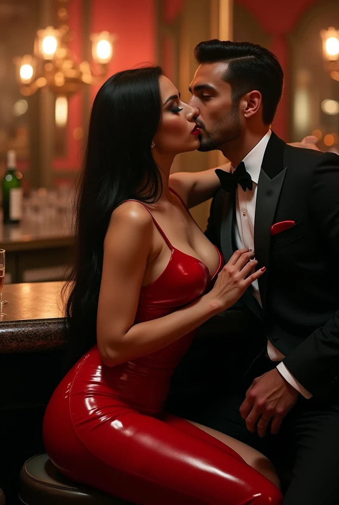 ultra realistic, photography, long black straight hair, girl, 30 years old, hourglass figure, perfect fit body, natural big breasts, seductive look, masterpiece, super detailed, detailed face, beautiful eyes, detailed eyeshadow, lip details, red lipstick, full body picture, dark eye makeup with eyeliner, wearing a red high-leg-cut shiny latex evening dress, she has a great round cleavage, hourglass body, she is sitting at a bar, she is wildly kissing a handsome guy, one hand of hers glides into his pants