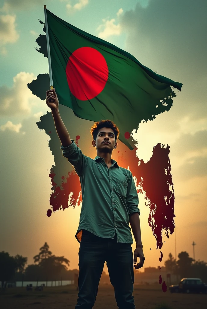 A young man stand with a Bangladesh flag in his hand. Background picture is Bangladesh map with blood