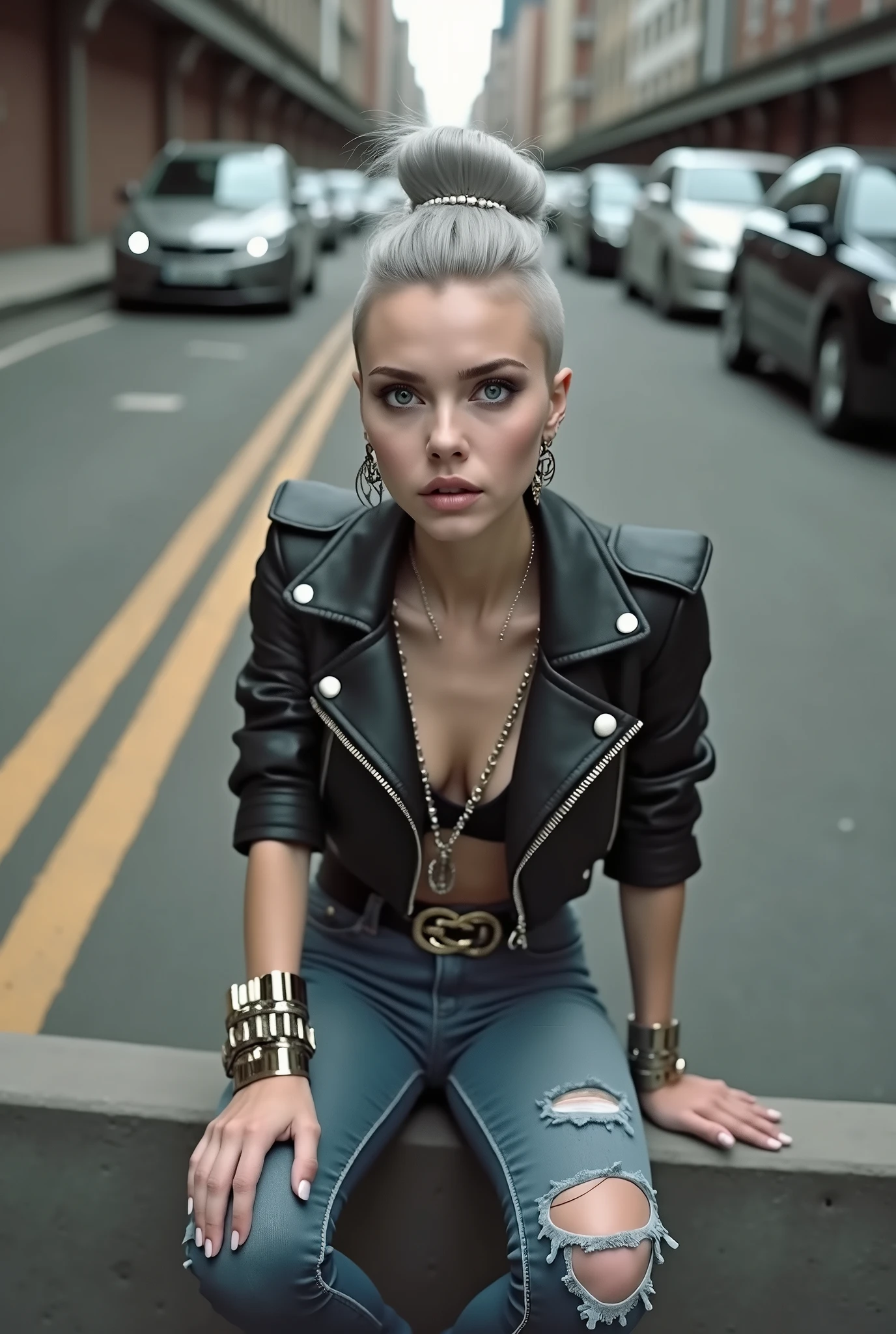 russian old milf woman, grey hair (huge top bun with shaved sides) and sunglasses as headband (big maxi glasses), with very light blue eyes, extremely pale. Wearing cropped black moto jacket with padded shoulders, some side pockets with zippers, black bra, skinny dark blue jeans (worn look with ragged knees) with white thread seams and pointy Chelsea boots with cuban heels . Lots of metallic bracelets and collars. Lots of pendants. Tacky leather belt with oversized buckle. Long earrings. Leaning on a wall looking at the camera, eyes and mouth wide open in amazement. Hands in her pockets. toned abdominals, thin legs and thin arms. tattoed