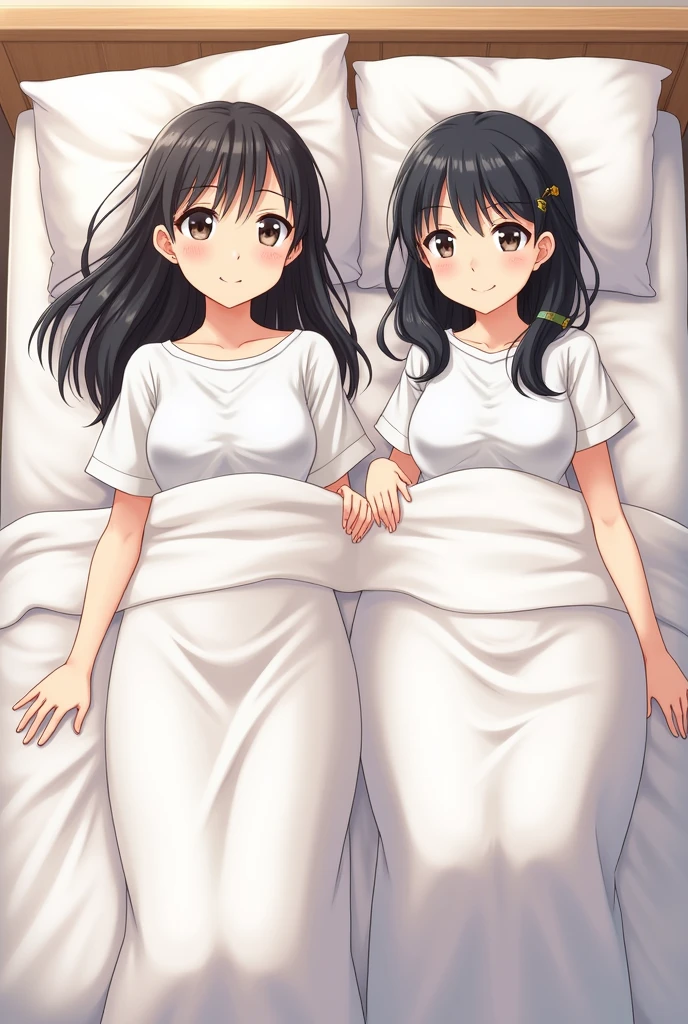 ((Highest quality)), ((masterpiece)), (detailed), Perfect Face,Japanese Girls,ager without makeup,Sleeping together,Clean up to the toes,Huge breasts:1.3,Huge breasts:1.3,High bust top:1.3,Hard, Round Breasts:1.3,White shirt,Long skirt,((No Pat,Very good)),Bright smile,Bedtime blanket,Thematic Depth,Clear focus,Natural and soft light