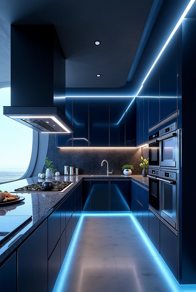 Please design me a very luxurious kitchen, modern and fully equipped. Futuristic design with mysterious colors