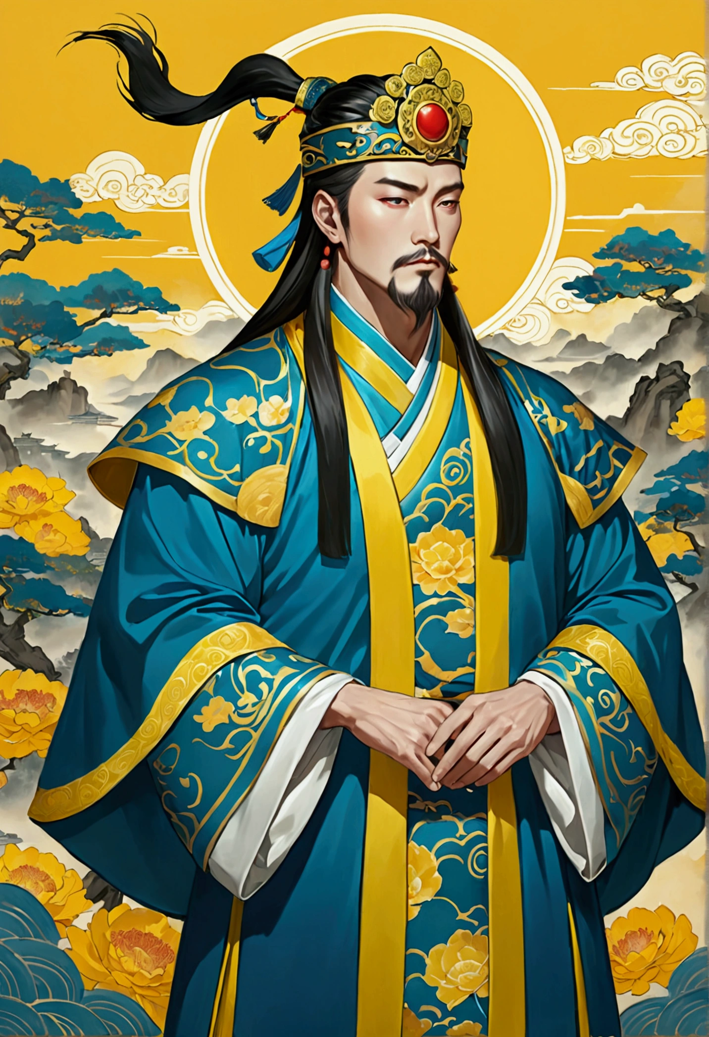 Image of a man wearing blue robes and a crown on his head, Guan Yu, Vian Lian, Yellow line(Huang Shen)inspired by, 리칸inspired by, heise jinyao, Songs inspired by Huang Ding, xianxia hero, Works inspired by Hu Zhaobin, Guanduity(Guan Daosheng)inspired by, Three Kingdoms of China, Inspired by the Odoza