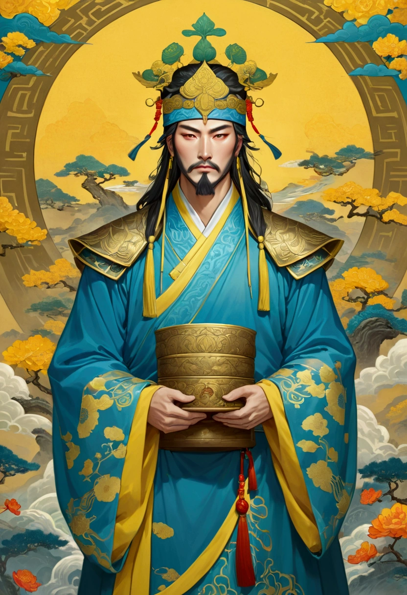 Image of a man wearing blue robes and a crown on his head, Guan Yu, Vian Lian, Yellow line(Huang Shen)inspired by, 리칸inspired by, heise jinyao, Songs inspired by Huang Ding, xianxia hero, Works inspired by Hu Zhaobin, Guanduity(Guan Daosheng)inspired by, Three Kingdoms of China, Inspired by the Odoza