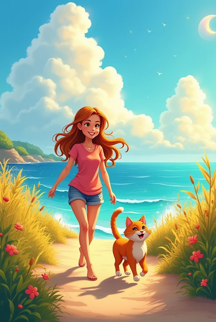 A cartoon image of a young woman walking with a cat in the morning sunlight, with a sea view in the background.