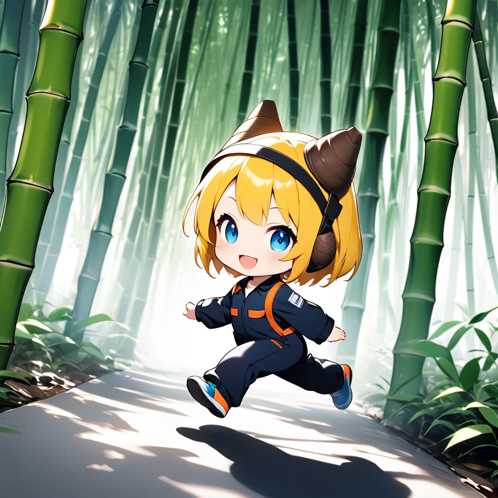 ultra-small deformation, Chibi Cute, 1girl, solo, full body, work jumpsuit, running with a bamboo shoot headgear, smile with open mouth, High contrast and vivid color, background is Bamboo Forest, Generated in SFW