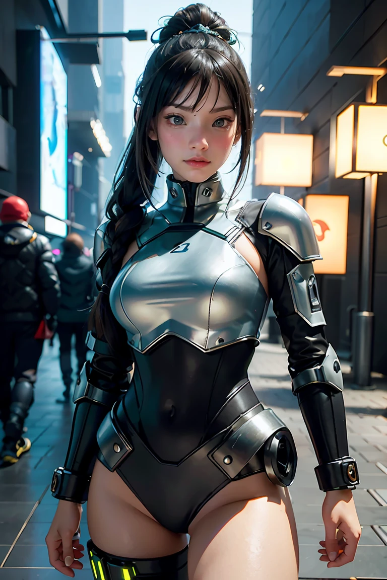 game art，Best picture quality，highest resolution，8ก，((half length photograph))，((Portrait))，(Third rule)，Unreal Engine 5 rendering works， (future girl)，(Female warrior)， 22 year old young hacker)，(ancient oriental hairstyle)，(Beautiful eyes full of details)，(big breasts)，(eyelid)，elegant and charming，indifferent，((frown))，(A battle suit filled with futuristic technology.，The outfit combines futuristic power armor and，The clothes are decorated with glittering patterns and symbols.)，Cyberpunk characters，In the form of the future， Posing for pictures，city background，lamp，Ray Tracing，CG game，((Real 3D engine))，OC rendering format