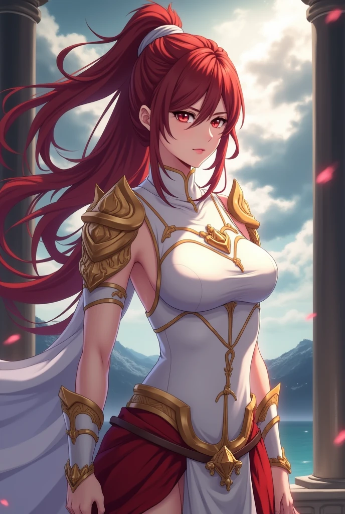 a beautiful anime woman warrior, detailed facial features, long flowing hair, intense battle pose, ornate armor, epic fantasy landscape, dramatic cloudy sky, glowing magical effects, cinematic lighting, vibrant colors, digital art, concept art style, (best quality,4k,8k,highres,masterpiece:1.2),ultra-detailed,(realistic,photorealistic,photo-realistic:1.37)