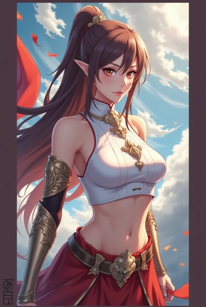 a beautiful anime woman warrior, detailed facial features, long flowing hair, intense battle pose, ornate armor, epic fantasy landscape, dramatic cloudy sky, glowing magical effects, cinematic lighting, vibrant colors, digital art, concept art style, (best quality,4k,8k,highres,masterpiece:1.2),ultra-detailed,(realistic,photorealistic,photo-realistic:1.37)