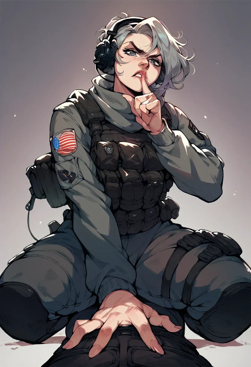 low angle pov, cowgirl position, full body, shushing gesture, finger on mouth, woman Special Ops in black tactical stealth suit, slight wrinkles. headphones, serious expression, one messy bun with grey hair, grey eyes, empty dark background
