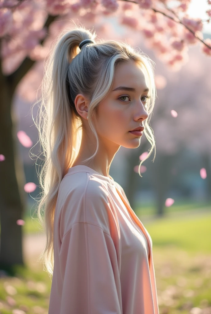 A beautiful girl with a greige ponytail and white ash comma hair, short.