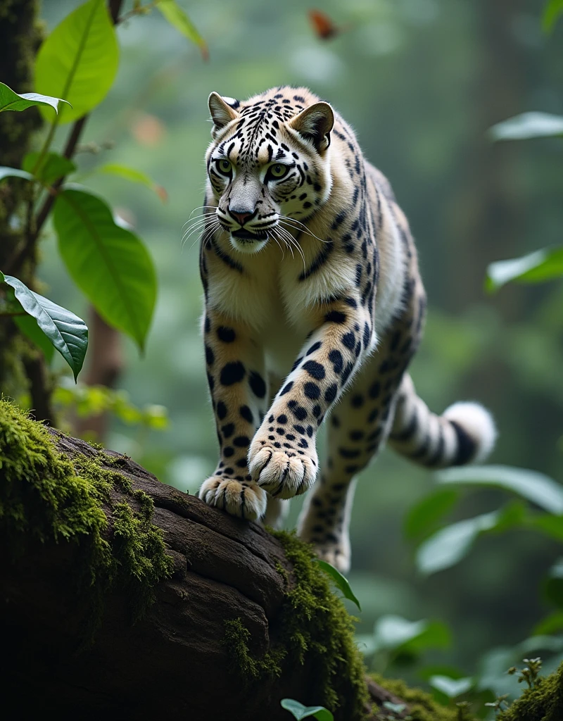 Snow leopard, humanoid form, woman body, small boobs, big hips, little coverings, action pose on a fallen tree trunk, jungle background, motion blur, cinematic action angle, cinematic angle, cinematic perspective, action shot, action perspective.