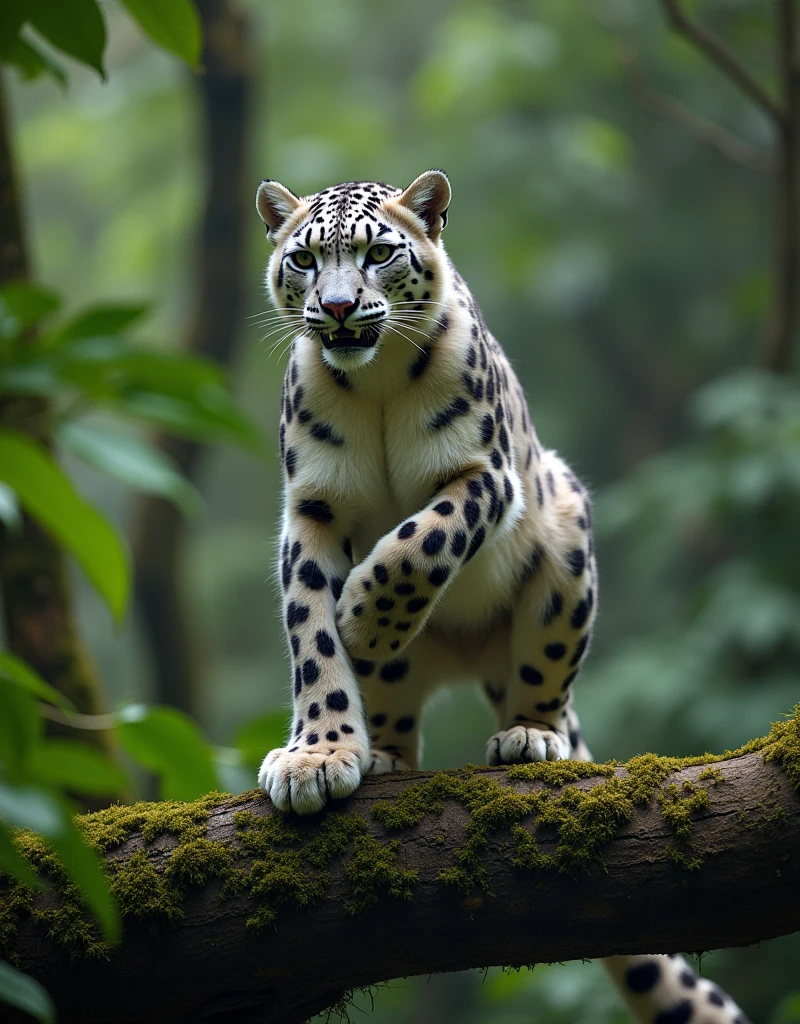 Snow leopard, humanoid form, woman body, small boobs, big hips, little coverings, action pose on a fallen tree trunk, jungle background, motion blur, cinematic action angle, cinematic angle, cinematic perspective, action shot, action perspective.