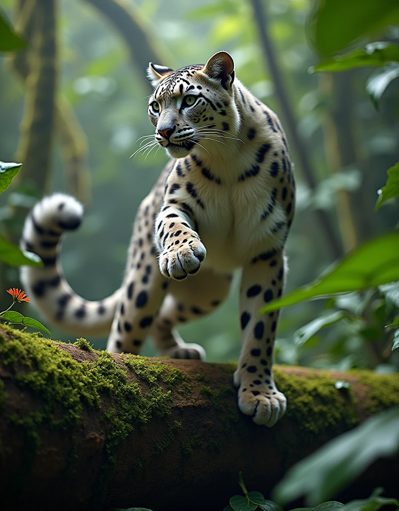 Snow leopard, humanoid form, woman body, small boobs, big hips, little coverings, action pose on a fallen tree trunk, jungle background, motion blur, cinematic action angle, cinematic angle, cinematic perspective, action shot, action perspective.